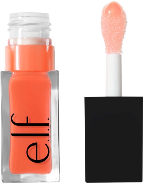 The image shows a bottle of coral-colored liquid lipstick and a lip gloss applicator with a sponge tip.