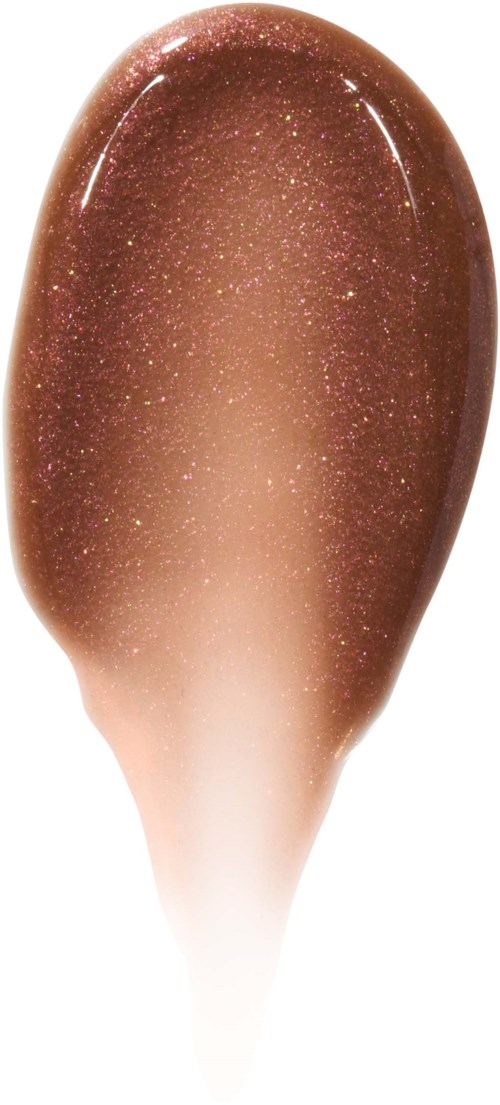 A makeup brush with a shiny, brown glittery tip and white handle.