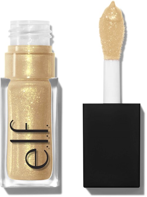 A gold glitter lip gloss with the wand applicator removed from the bottle.