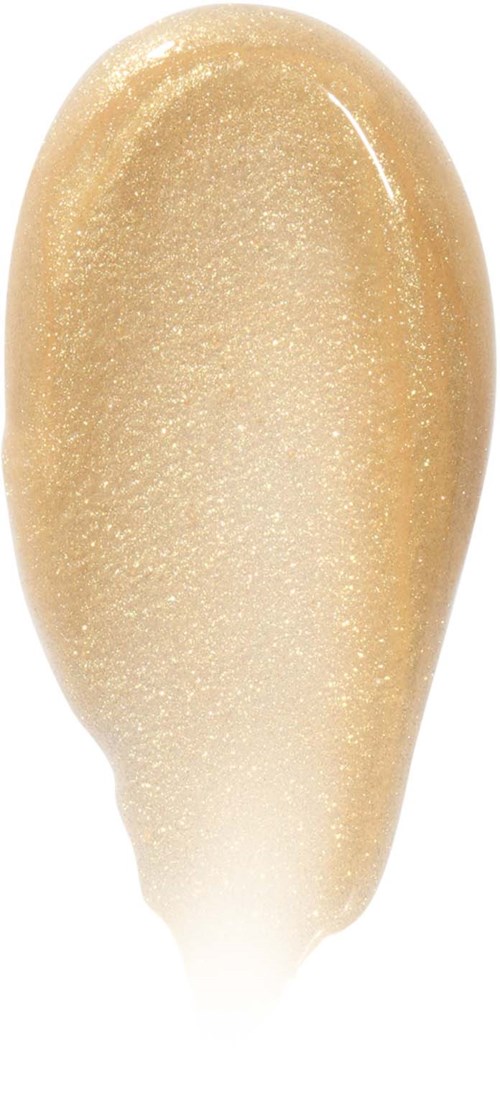 A gold shimmery makeup swatch with a teardrop shape showing shimmer and smooth texture.
