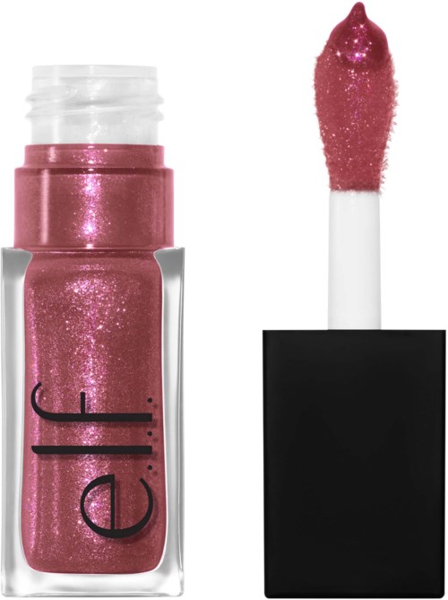 Pink glittery liquid lipstick with applicator wand and black cap.