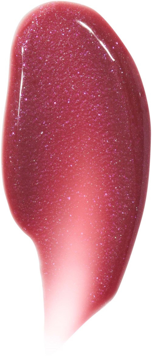 A pink nail polish with glitter, shaped like a curved drop. It looks shiny and sparkly.