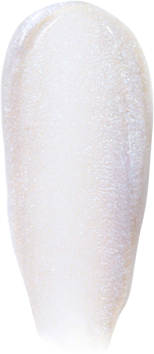 A white, glittery, elongated nail with a smooth, shiny surface.