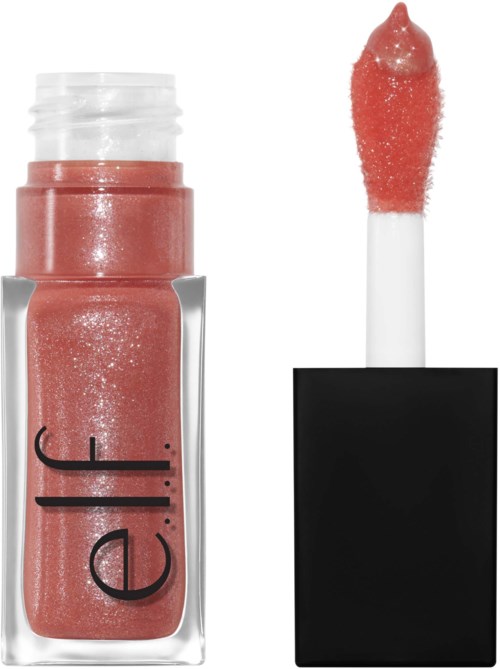 A lip gloss container with a wand. The gloss is shimmery and pink. The wand is out of the black case.