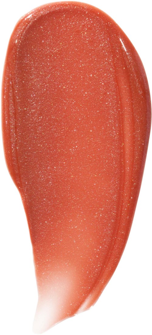 A metallic, glittery coral-orange lip gloss with a shiny finish.