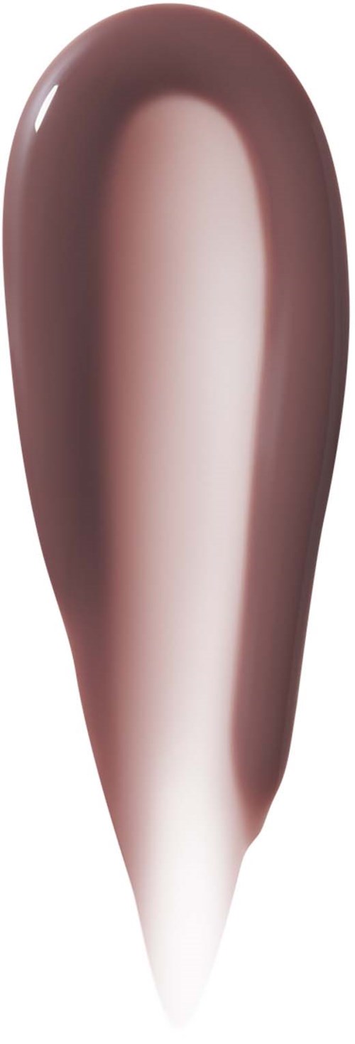 A close-up of a brown and white makeup brush with a shiny, rounded tip.