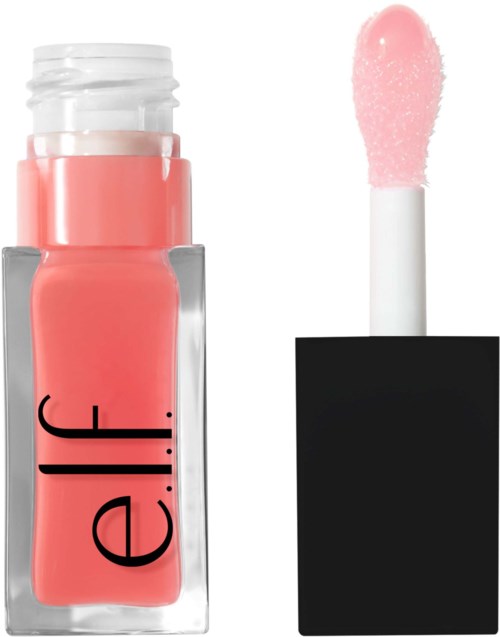 Pink lip gloss with a white applicator and a black square cap. The gloss tube has the brand name 'elf' on it.
