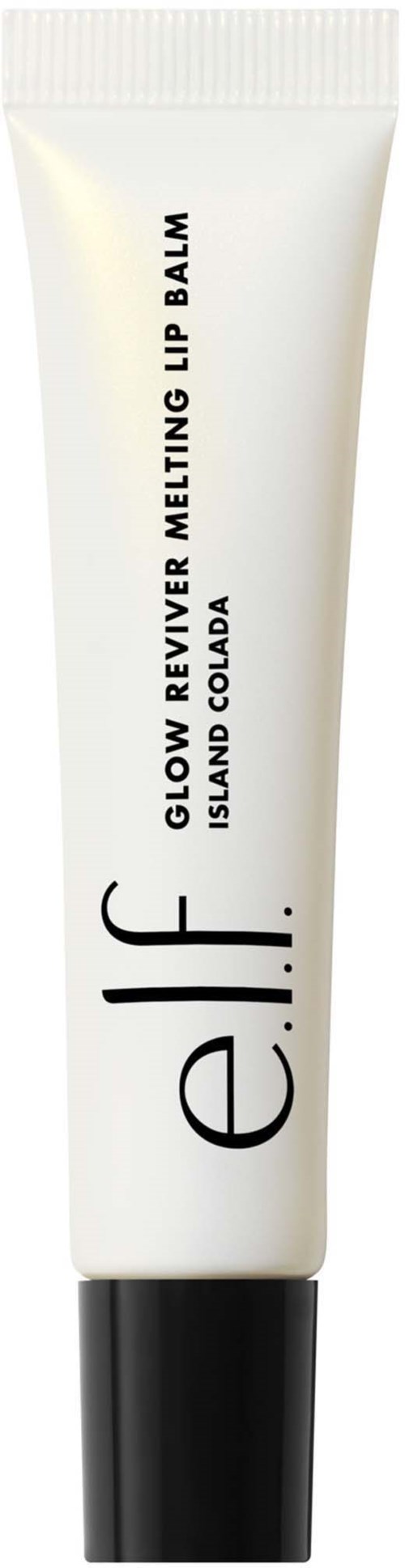 En vit tub med läppbalsam med svart lock. Texten säger Glow Reviver Melting Lip Balm Island Cocoda.