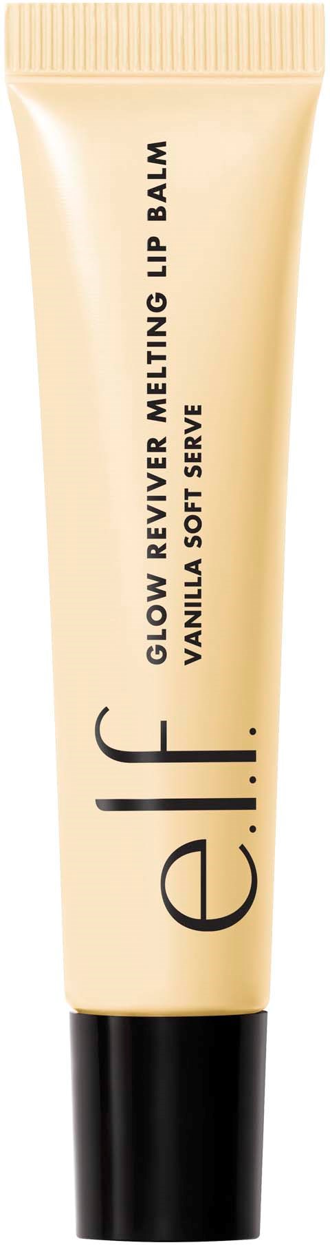 Beige putkilo, jossa musta korkki, etiketissä lukee "e.l.f. Glow Reviver Melting Lip Balm" ja "Vanilla Soft Serve".