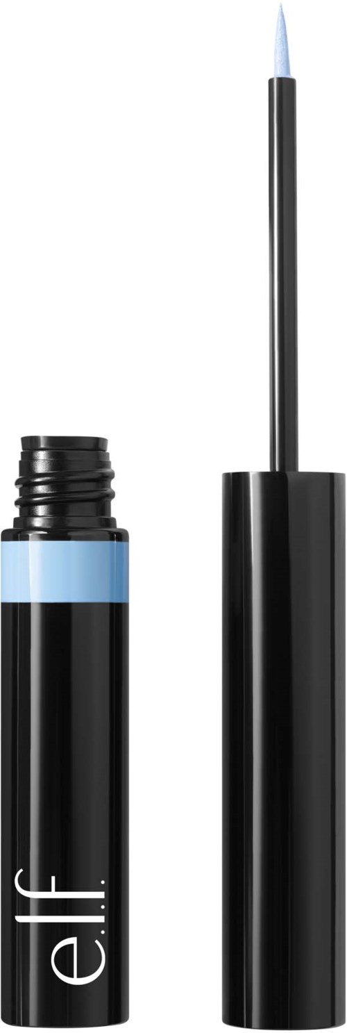 E.l.f. nestemäinen eyeliner, ohut harja ja musta pakkaus. Korkki on poistettu, paljastaa siveltimen.