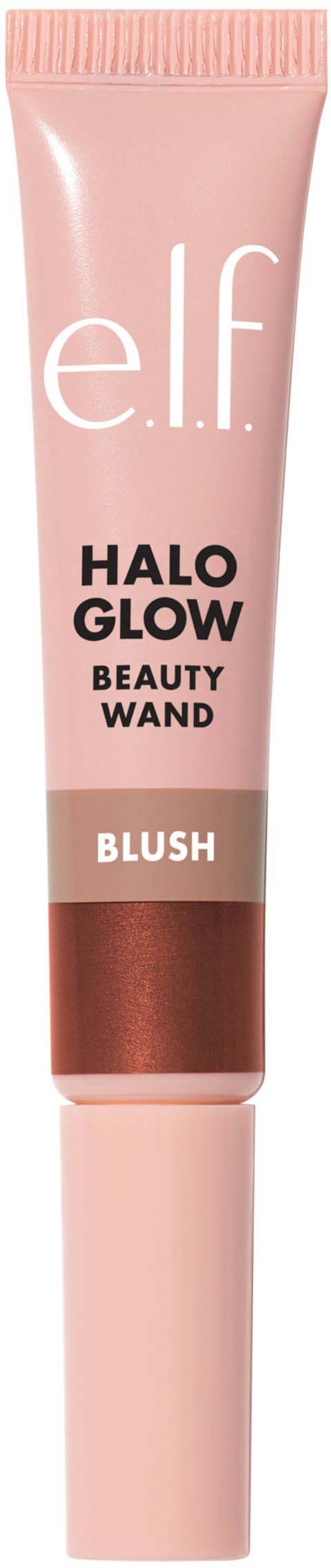 Vaaleanpunainen putki, jossa lukee e.l.f. Halo Glow Beauty Wand, ja siinä on ruskea sävy nimeltä Blush, seisoo pystyasennossa.