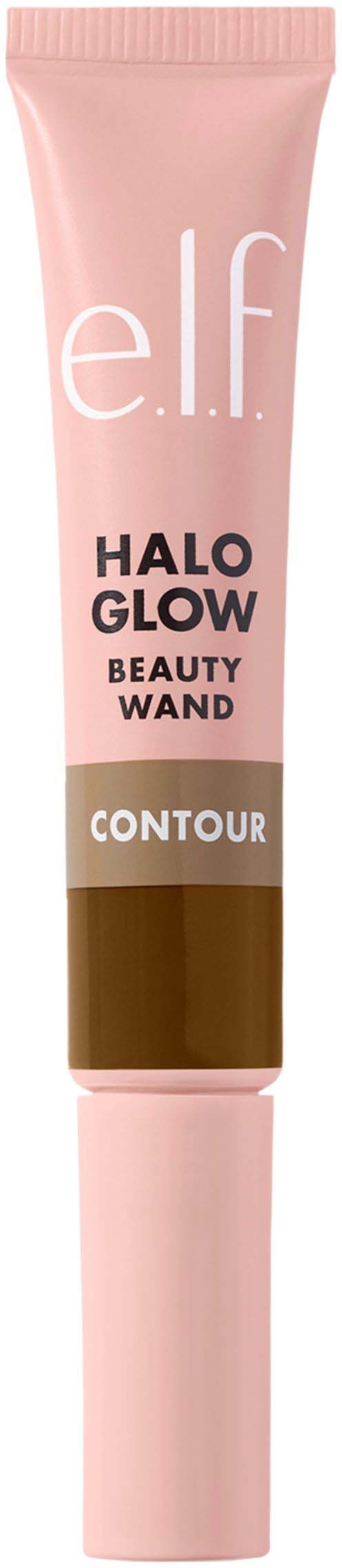 Vaaleanpunainen e.l.f. Halo Glow Beauty Wand -putkilopakkaus, märkinnellä 'contour', todennäköisesti meikkituote kasvojen muotoiluun.