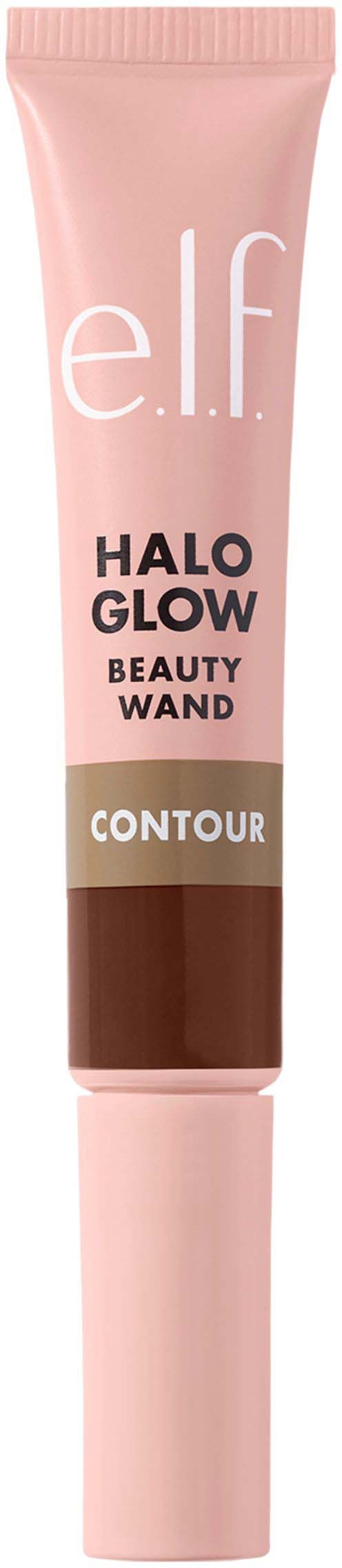 Elf Halo Glow Beauty Wand -kontuurituote, vaaleanpunaisessa ja ruskeassa pakkauksessa, tekstitetikettejä.