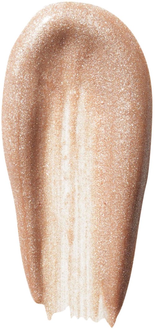 Beige meikkiharja, jossa on pörröinen kärki ja kimmeltävää. Näyttää puhtaalta ja hyväkuntoiselta.