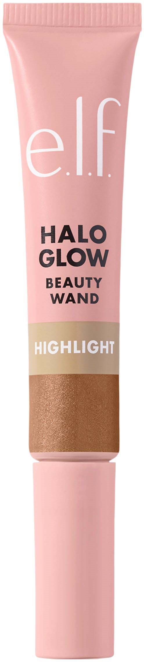 Vaaleanpunainen tuubi e.l.f. Halo Glow Beauty Wand -hohtoväristä, jossa teksti pakkauksessa.