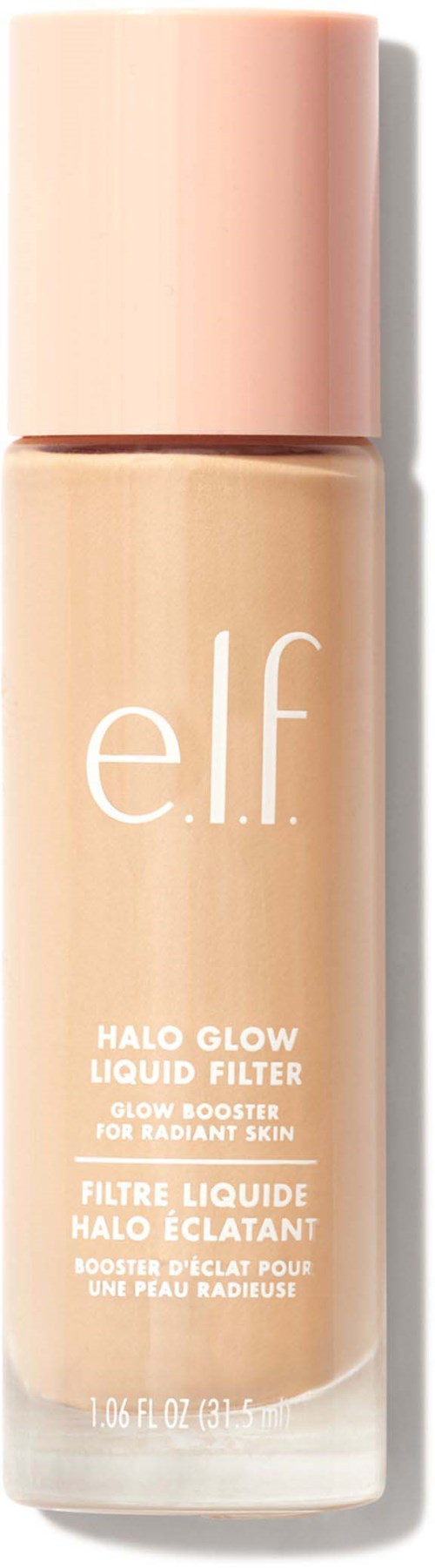Beige nestemäisuuhto, jossa vaaleanpunainen korkki ja merkitty e.l.f Halo Glow Liquid Filter -tuote.