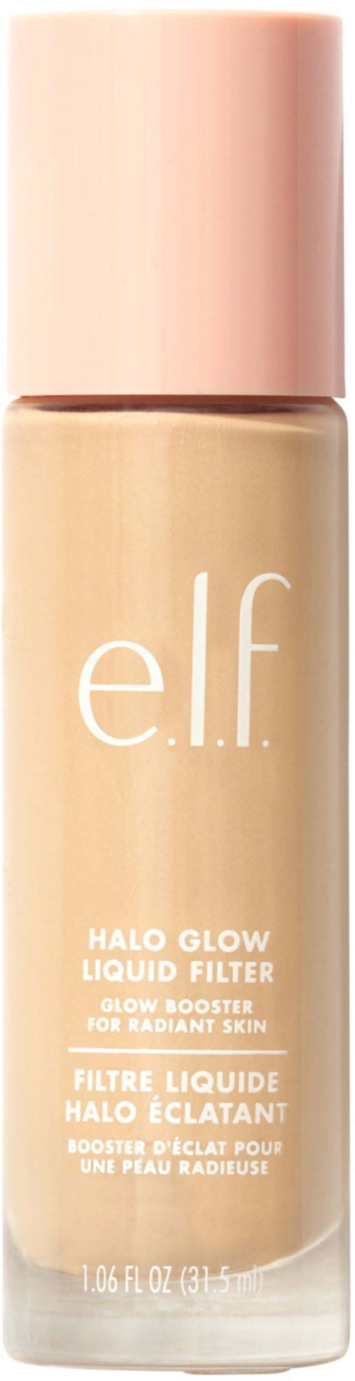 Elf Halo Glow Liquid Filter -meikkipullo, jota käytetään hehkuvan ihon saavuttamiseen, vaaleanpunaisella korkilla ja beigestä nesteestä.