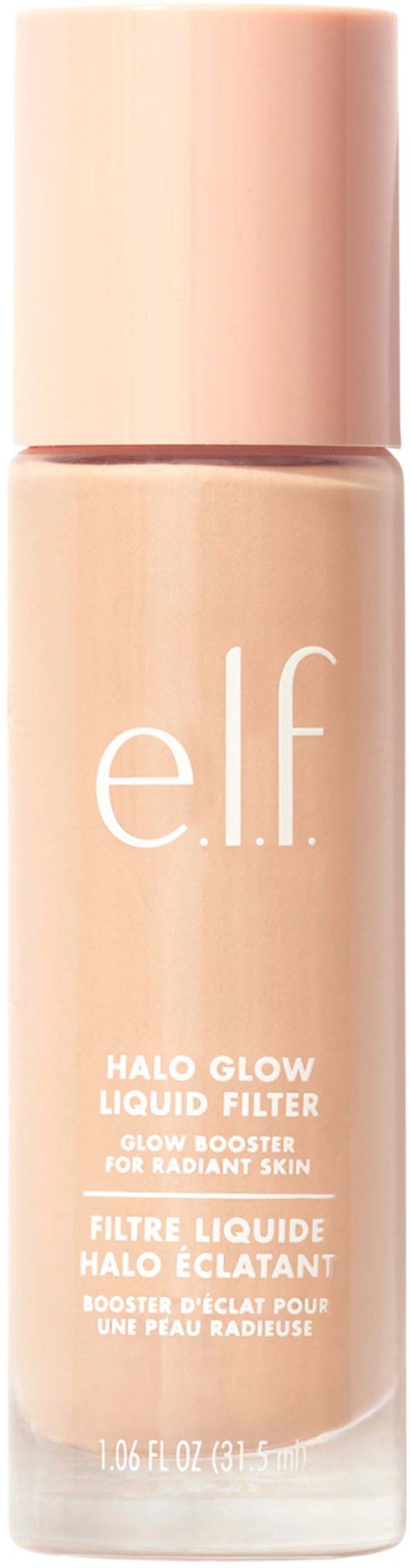 A beige bottle labeled e.l.f. Halo Glow Liquid Filter and Glow Booster for radiant skin.