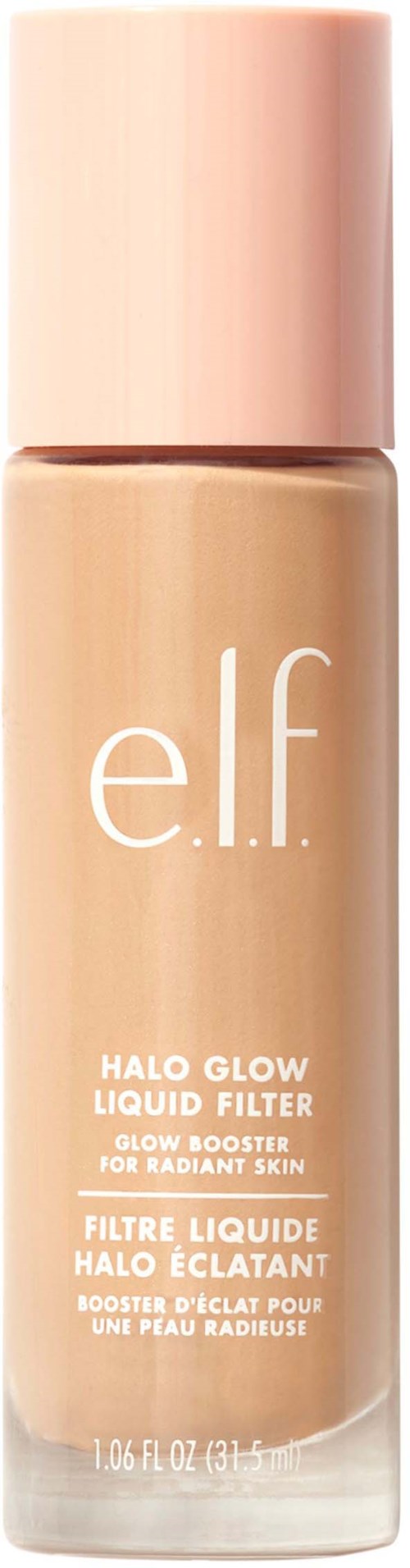 A bottle of e.l.f. Halo Glow Liquid Filter makeup with a pink cap and beige liquid inside.