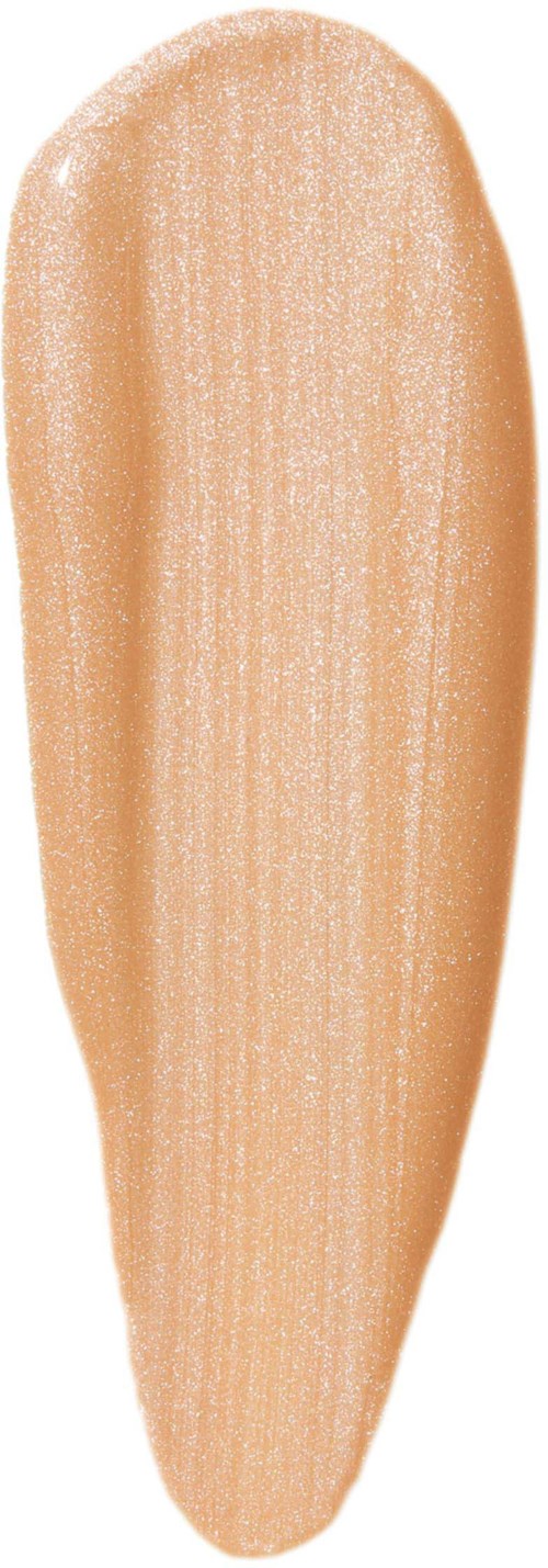 A beige-colored makeup brush stroke, elongated and smooth, with a slightly rounded tip.