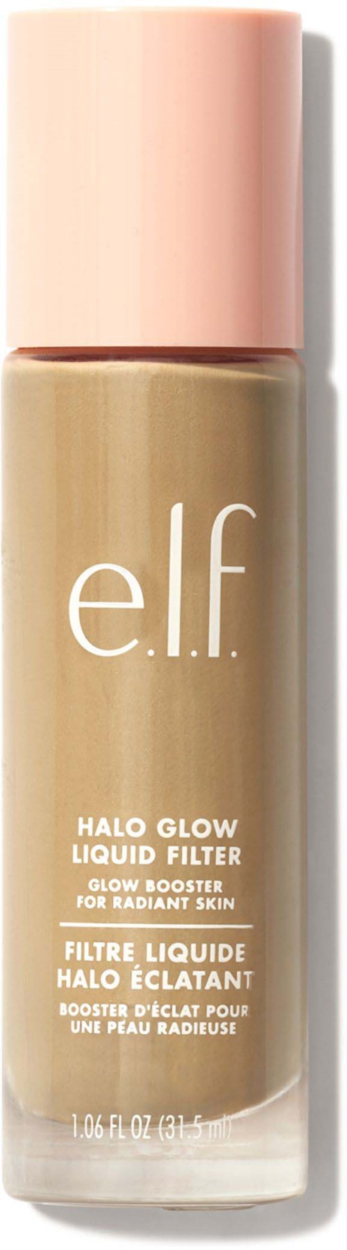 e.l.f. Halo Glow Liquid Filter -meikkituote, vaaleanpunainen kansi ja beige neste.