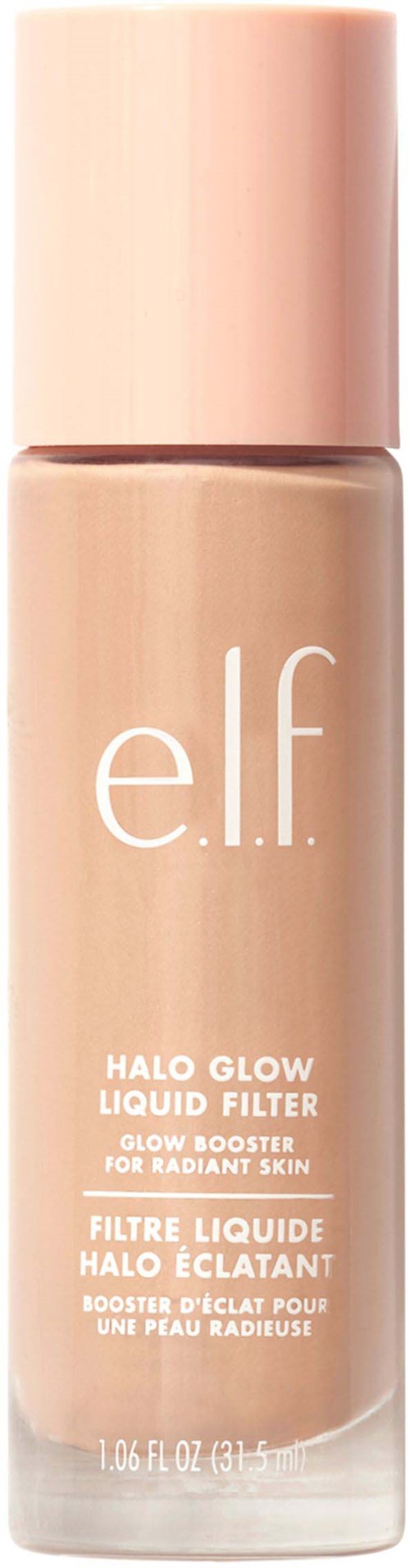 Pitkä pullo e.l.f. Halo Glow Liquid Filter-meikkituotteesta vaalean beigenä ja vaaleanpunaisella korkilla.