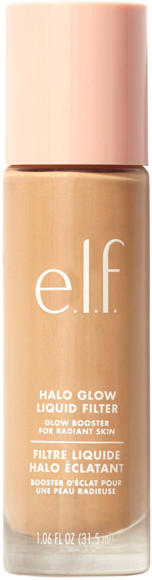 Meikkivoidepullo, jossa on vaaleanpunainen kansi ja beige neste. Se on merkitty 'e.l.f.' ja 'HALO GLOW LIQUID FILTER.'