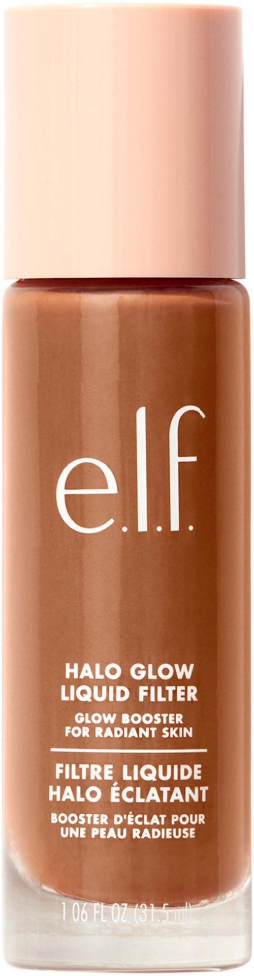 Ruskea e.l.f. Halo Glow Liquid Filter -pullo, jossa vaaleanpunainen korkki, etiketti näyttää tuotetiedot.
