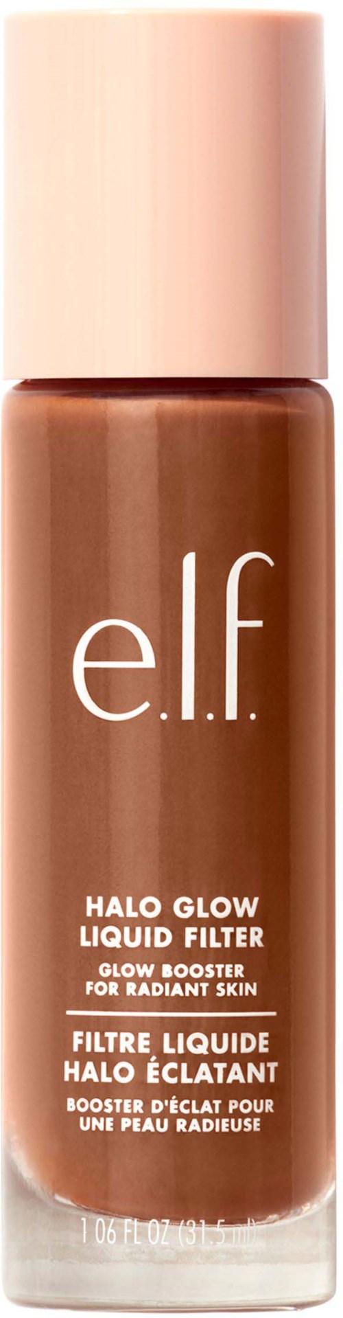 Nestemäistä meikkivoidetta sisältävä pullo, merkitty 'e.l.f. Halo Glow Liquid Filter' säteilevälle iholle. Vaaleanpunainen kansi päällä.