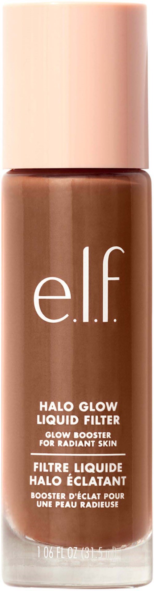 Elf Halo Glow nestemäinen meikkipullo, jossa beige korkki, edistää hehkuvaa ihoa.