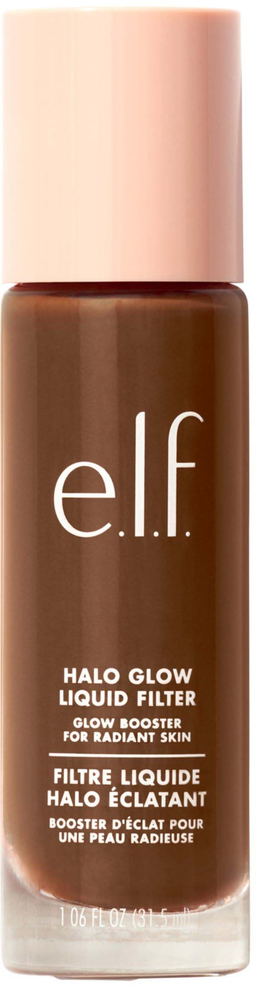 Ruskea nestemäinen meikkiforelli, jossa vaaleanpunainen korkki ja etiketti Elf Halo Glow Liquid Filter.