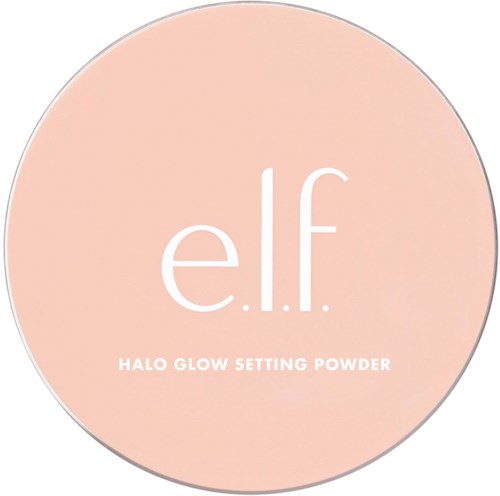 Ympyrämäinen kansi, jossa vaaleanpersikkainen väri, ja tekstit 'e.l.f.' ja 'Halo Glow Setting Powder.'