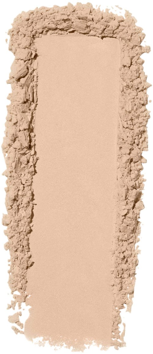 Beige-meikkipakkaus on painettu murskaantuneeseen ympärille, ja reunoilla on hieman puuteria.