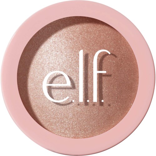 Pinkki pyöreä rasia, jossa hohtava, beige-tuote ja 'e.l.f.' teksti kannessa.