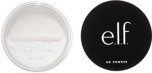 En behållare med vit pulver och ett svart lock med vitt text som säger "e.l.f. HD POWDER."