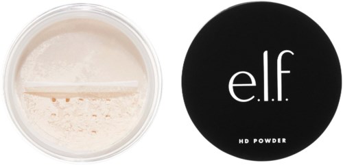 En behållare med ljusfärgad puder bredvid ett svart lock med 'e.l.f. HD Powder' skrivet på.