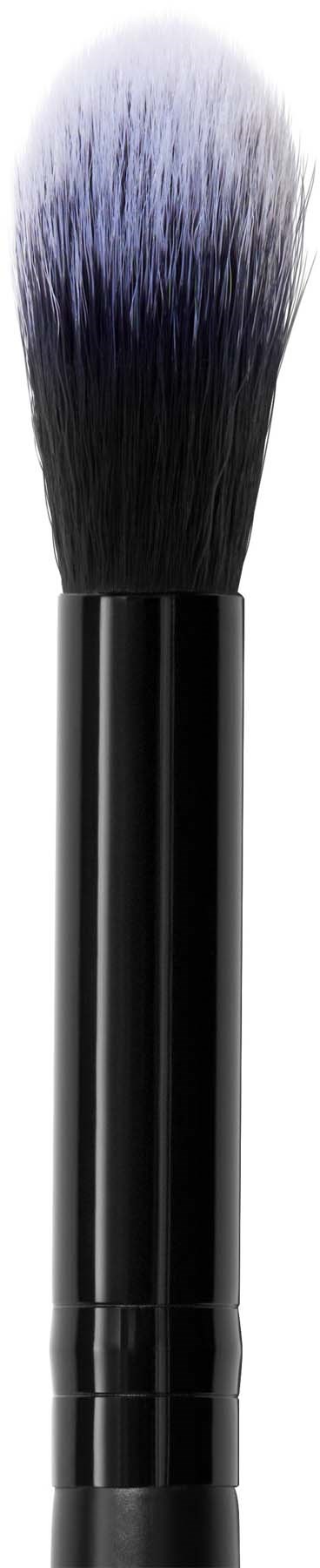 A makeup brush with black and white bristles, black handle, and a smooth, shiny surface.