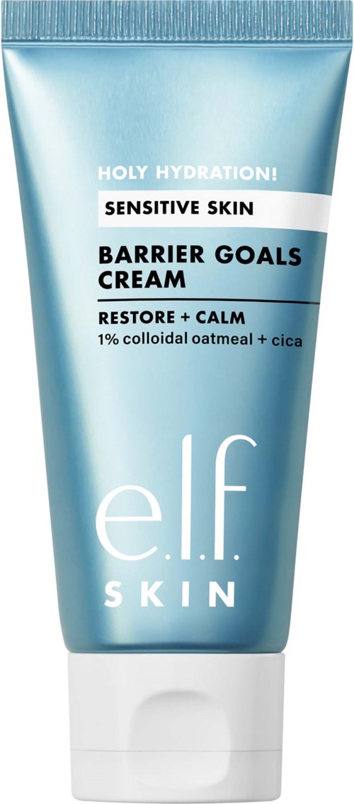 En blå tub med e.l.f. skin barriärkräm för känslig hud, med havregryn och cica för återfuktning och lugn.