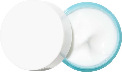 En vit burk med ljusblå lock fylld med kräm eller lotion. Locket är avtaget, visar den släta produkten inuti.