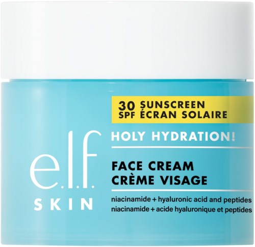 Sininen elf skin kasvovoide SPF 30, nimeltä Holy Hydration, sisältää niacinamidea, hyaluronihappoa ja peptidejä.