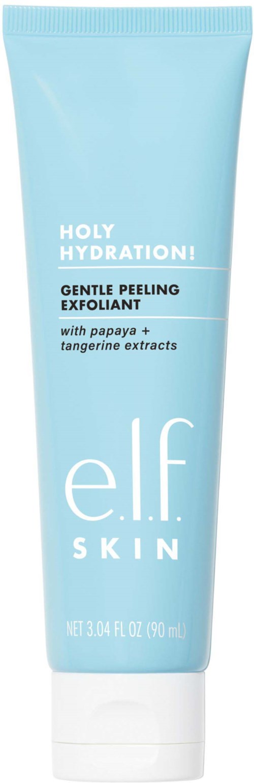 Ljusblå tub med e.l.f. skin mild exfoliant med papaya och tangerine extrakt, 3,4 oz.