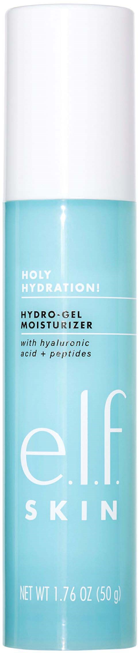 En lång, cylindrisk flaska med vit lock och blå vätska, märkt som e.l.f. skin hydrating gel moisturizer.