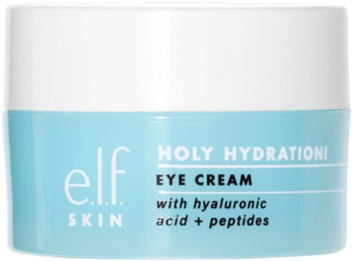En ljusblå och vit behållare märkt elf SKIN Holy Hydration Eye Cream med hyaluronsyra och peptider.