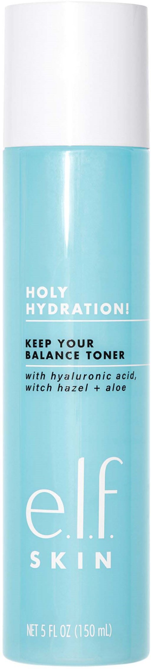 En lång, ljusblå flaska med vit lock märkt elf Skin Holy Hydration toner med hyaluronsyra, häxhassel och aloe.