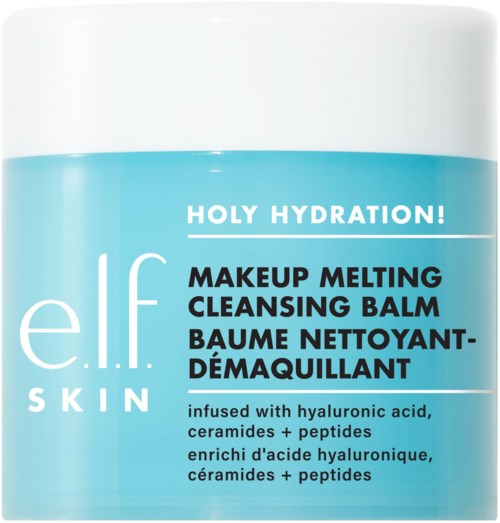 En blå og hvit krukke med tekst om en rensende balm, tilsatt hyaluronsyre, ceramider og peptider. HOLY HYDRATION!