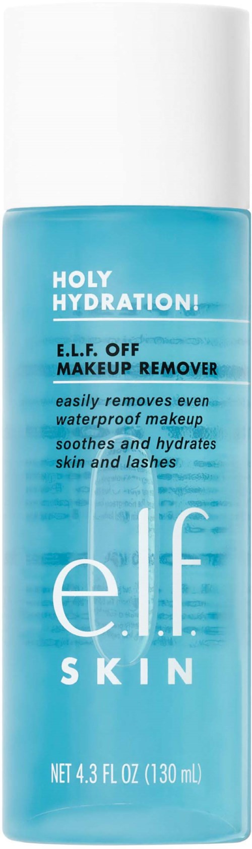 A blue bottle of Elf Skin makeup remover spray with a white cap, labeled 'Holy Hydration!'.