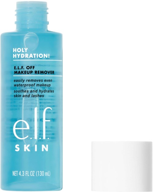 A blue bottle of ELF makeup remover with a removable cotton pad. Text mentions hydration and waterproof makeup removal.