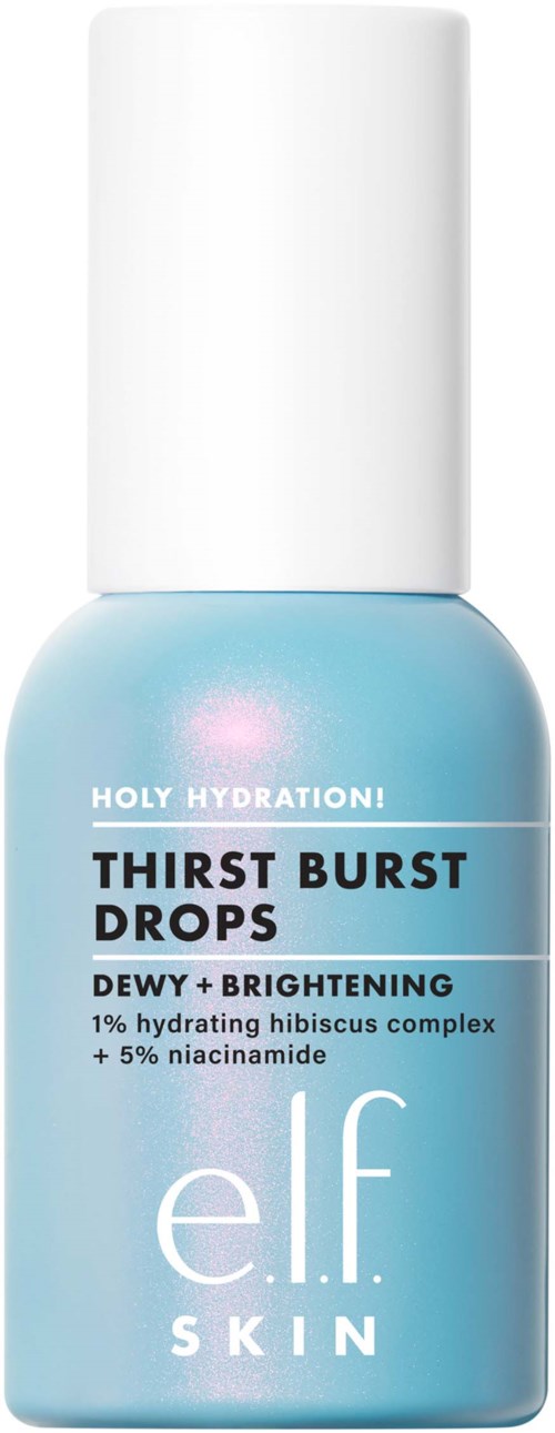 Blå flaska med e.l.f. skin thirst burst drops med vit lock och produktdetaljer på etiketten.