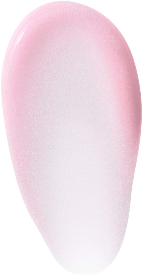 En slät, ovalformad rosa och vit föremål, möjligen ett nagel eller en slipad sten.