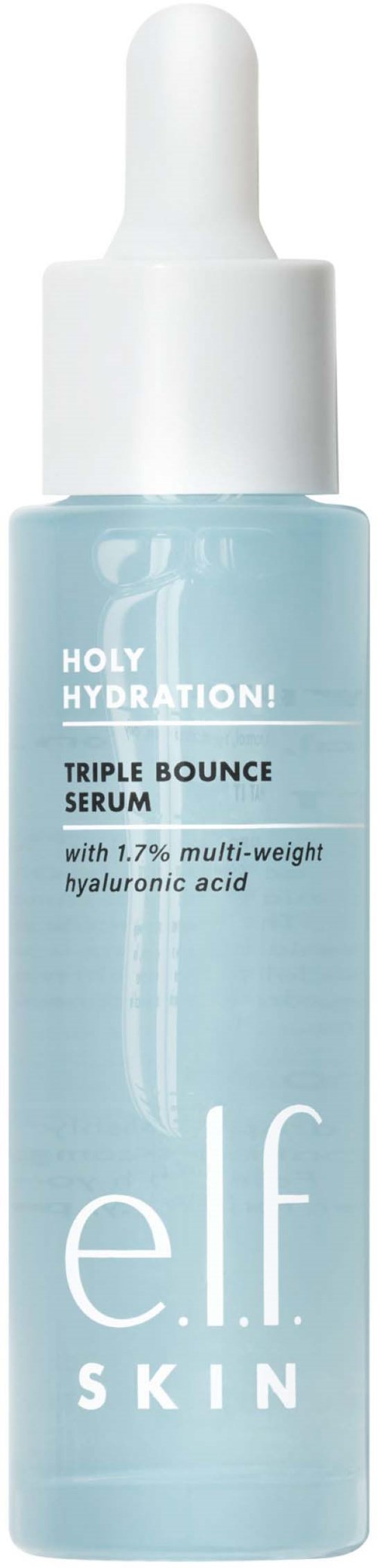 En lys blå flaske med hvit hette, merket 'elf SKIN', inneholder serum for hydrering med hyaluronsyre.